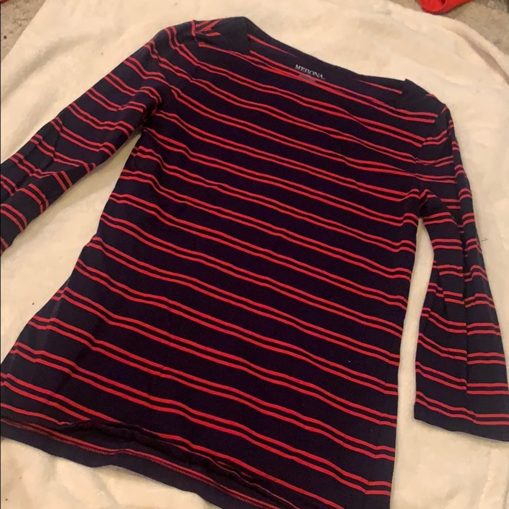 Red & Navy striped shirt.